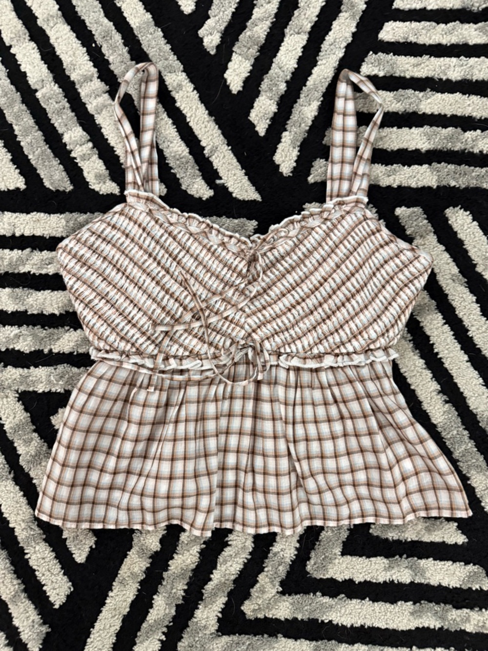 American Eagle Outfitters Brown and Cream Plaid Smocked Peplum Cami